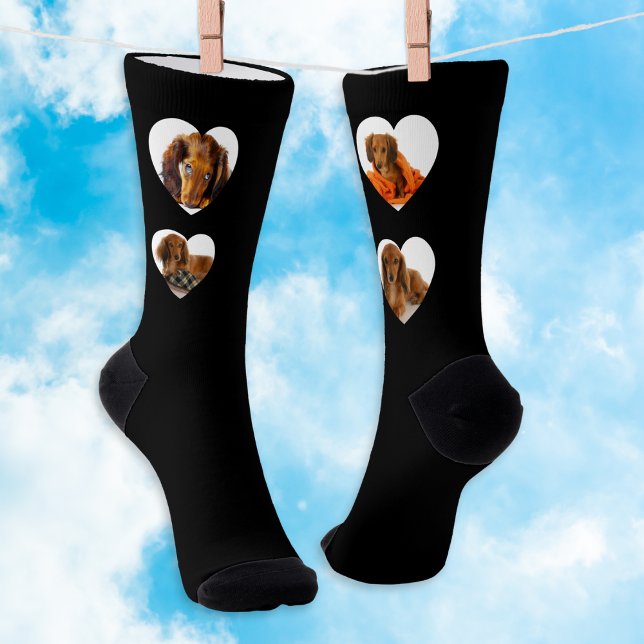 Pet Dog 4 Custom Photos Heart Frames Personalized Socks (A pair of black socks customized with four of your favorite dog photos in heart-shaped 'frames')