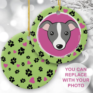 Pet dog cartoon Custom photo Paw prints Green Ceramic Ornament