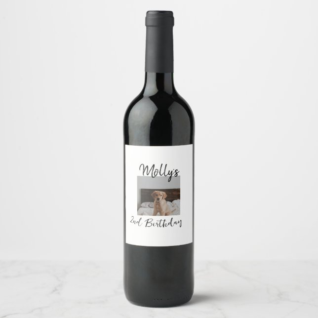 Pet dog cat animal birthday photo modern simple  wine label (Front)