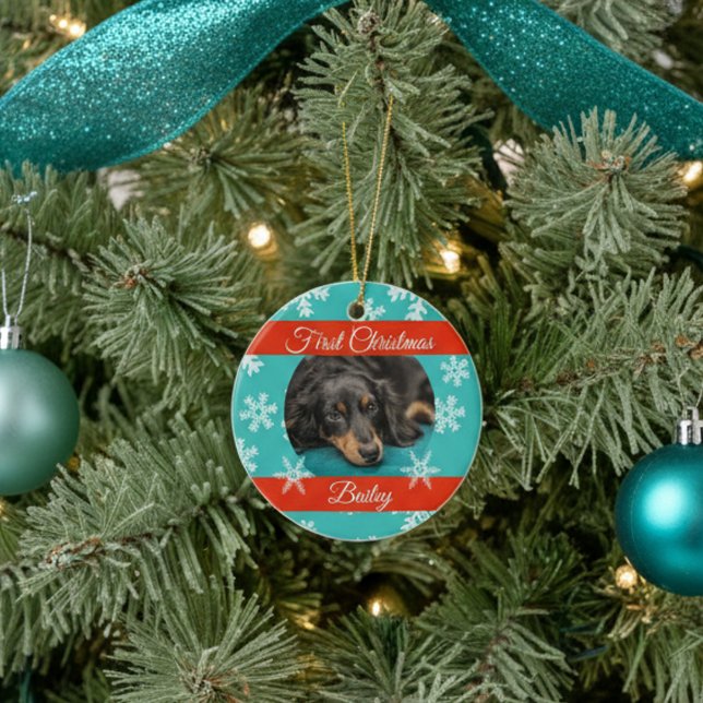 Pet Dog Cat First Christmas Photo Template Ceramic Ornament (Creator Uploaded)