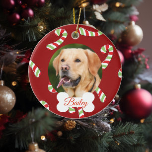 Pet Dog Cat Holiday Customise Photo Candy Cane Ceramic Ornament