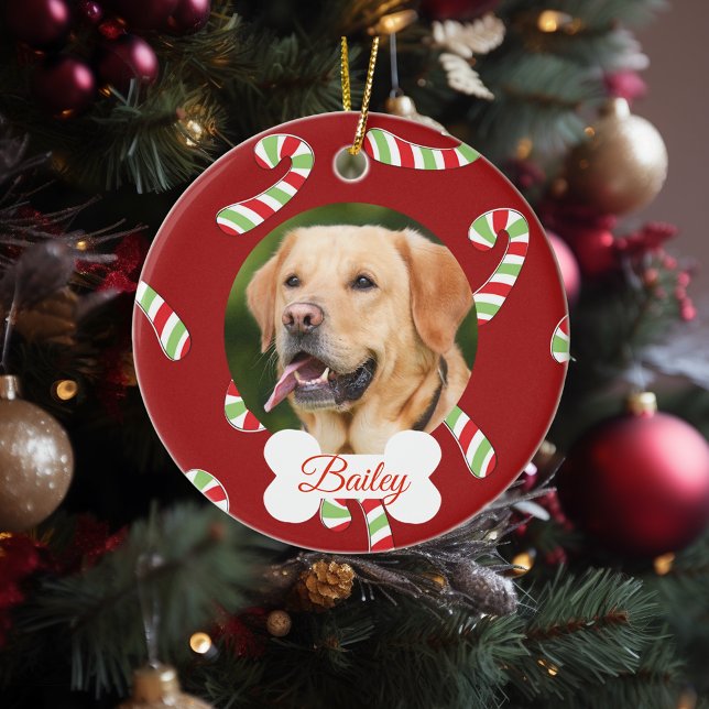 Pet Dog Cat Holiday Customise Photo Candy Cane Ceramic Ornament (Creator Uploaded)