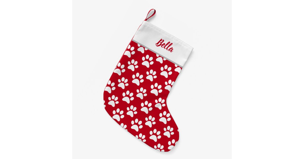 Pet Dog Cat Name Red White Paw Prints Small Christmas Stocking Zazzle Com Au