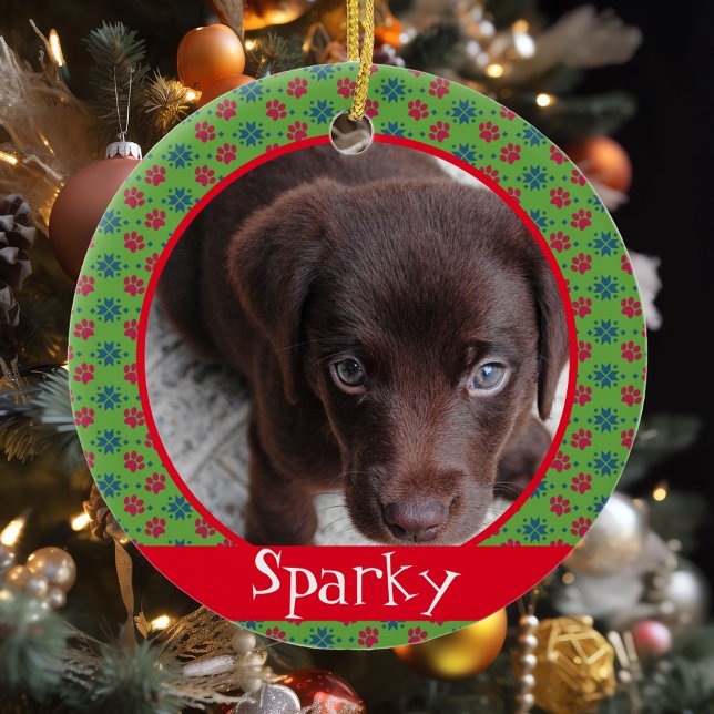 Pet Dog Cat Photo Paw Prints Monogram Ceramic Ornament (Creator Uploaded)