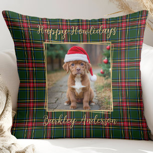 Pet Dog Christmas Plaid Custom Gold Modern Photo Cushion