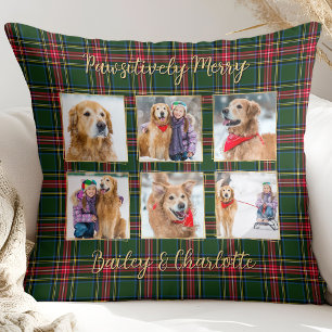 Pet Dog Custom Gold Photo Collage Christmas Plaid Cushion