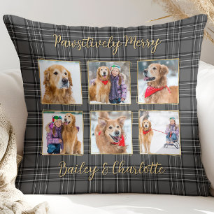 Pet Dog Custom Grey Photo Collage Christmas Plaid Cushion