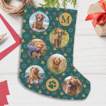 Pet Dog Custom Photo Collage Retro Pattern Small Christmas Stocking<br><div class="desc">Decorate your home and spoil your favourite pet with this super cute custom pet photo collage and monogram christmas stocking in a green snowflake background.. 12 photos, 6 each side, for all your years favourite photos and memories. You can do a photo to celebrate each month of the year, or...</div>