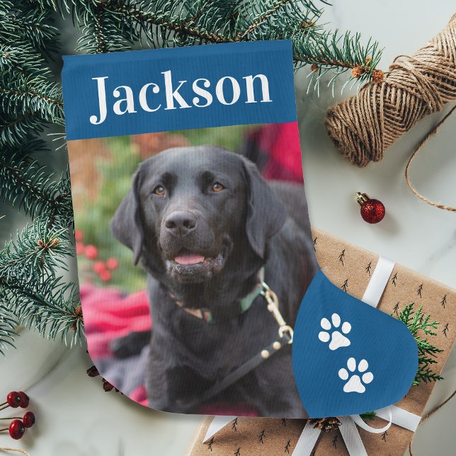 Pet Dog Custom Photo Holiday Blue Personalised Large Christmas Stocking (Creator Uploaded)