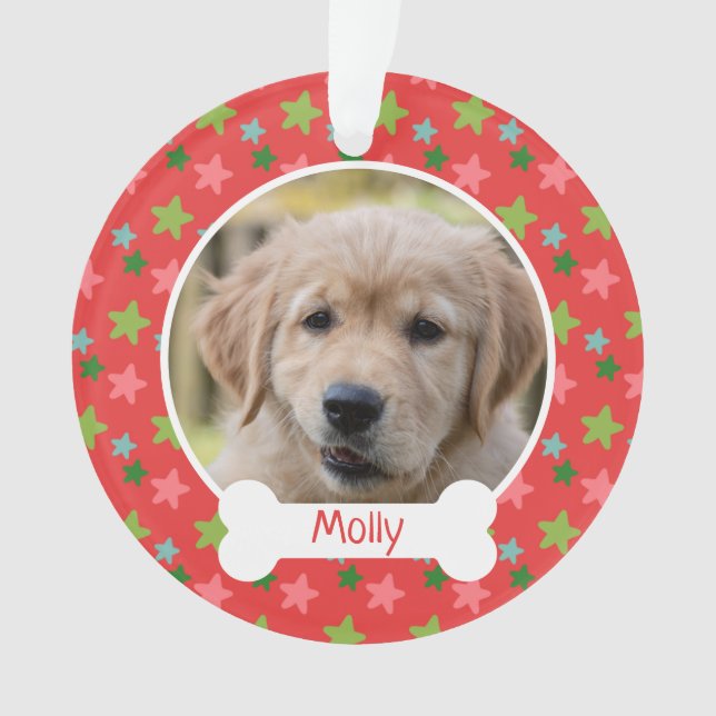 Pet Dog Cute Red Stars Holiday Puppy Photo Ornament (Front)
