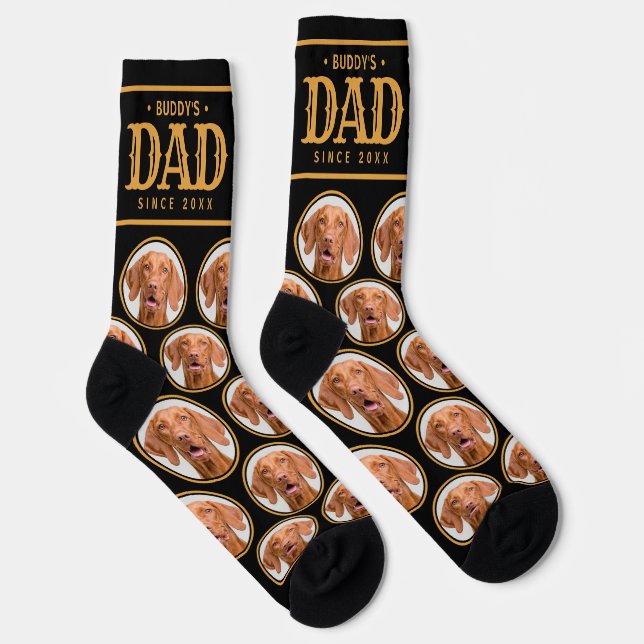 Pet Dog Dad Gift Custom Photo Pattern Black & Gold Socks (Right)