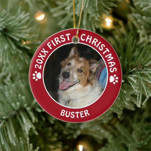 Pet Dog FIRST CHRISTMAS Pawprint Custom Colour Ceramic Ornament (Tree)