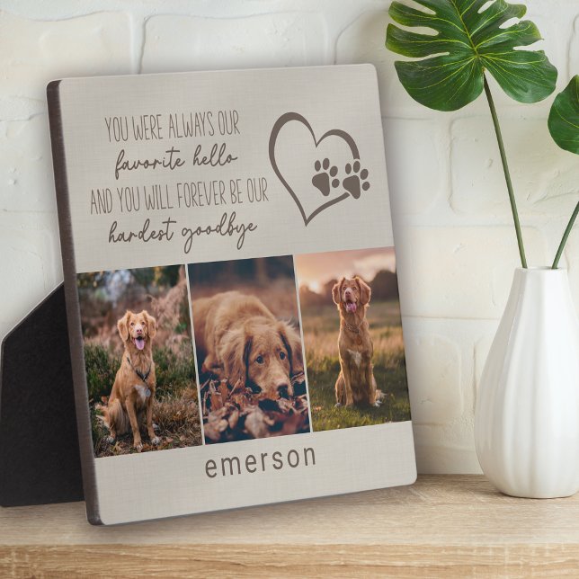 Pet Dog Memorial Beige Linen Photo Collage Plaque (Creator Uploaded)