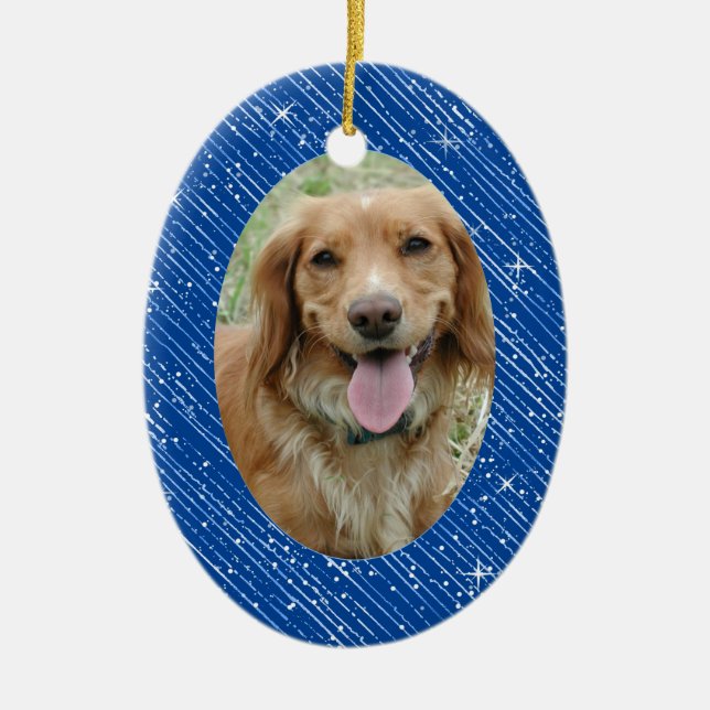 Pet Dog Memorial Blue Oval Photo Christmas Ceramic Ornament (Front)