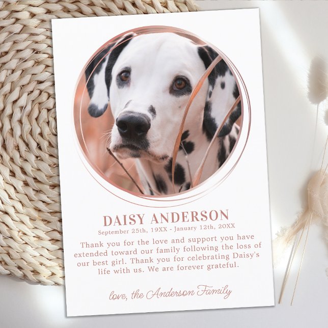 Pet Dog Memorial Custom Photo Rose Gold Sympathy Thank You Card (Creator Uploaded)