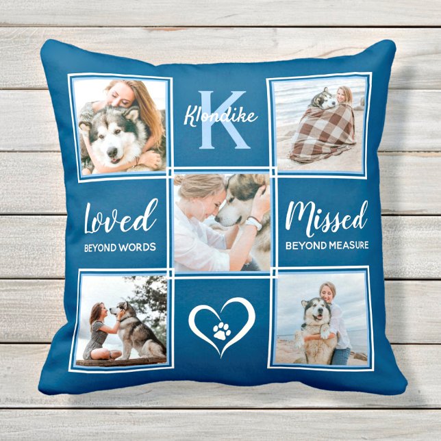 Pet Dog Memorial Keepsake Blue Photo Collage Cushion (Creator Uploaded)