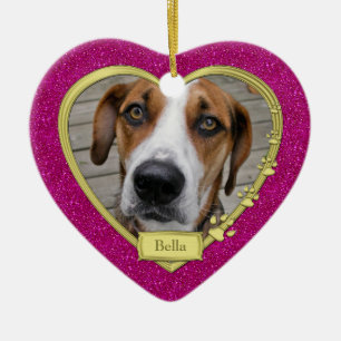Pet Dog Memorial Photo Christmas Pink Gold Heart Ceramic Ornament