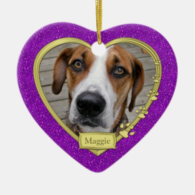 Pet Dog Memorial Photo Christmas Purple Gold Heart Ceramic Tree Decoration (Front)