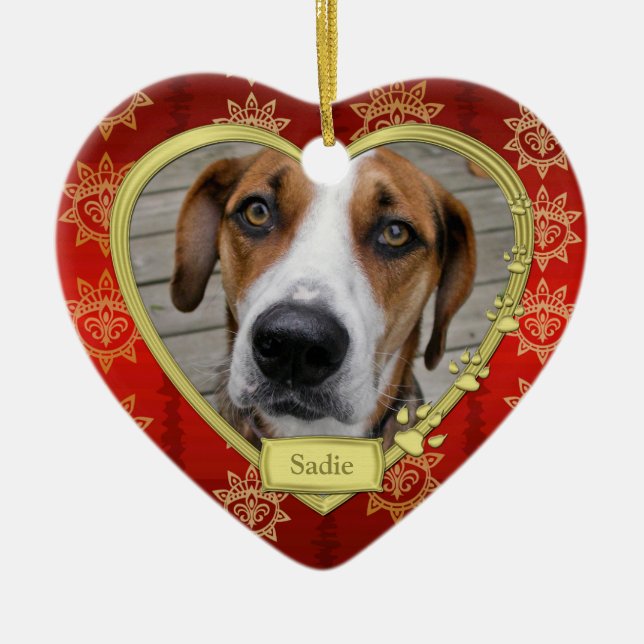 Pet Dog Memorial Photo Christmas Red Gold Heart Ceramic Tree Decoration (Front)