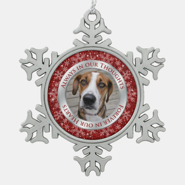 Pet Dog Memorial Photo Christmas Red Silver Snowflake Pewter Christmas Ornament (Front)