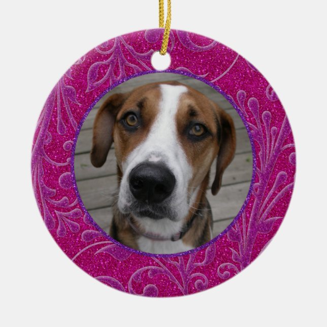 Pet Dog Memorial Pink Purple Photo Christmas Ceramic Tree Decoration (Front)