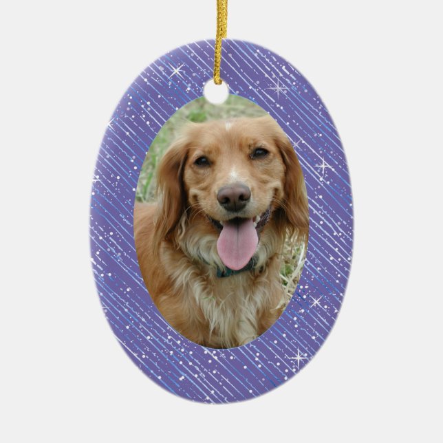 Pet Dog Memorial Purple Blue Oval Photo Christmas Ceramic Ornament (Front)