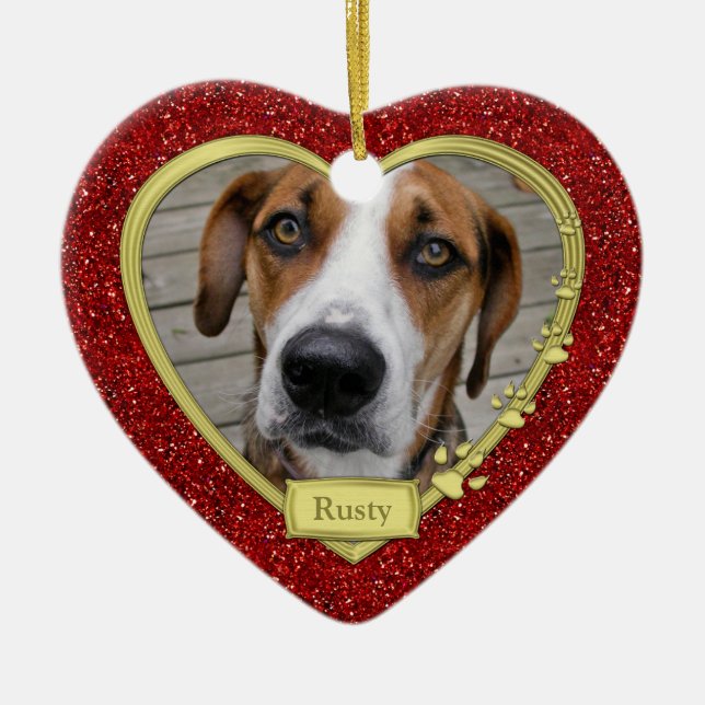 Pet Dog Memorial Red Photo Heart Christmas Ceramic Ornament (Front)