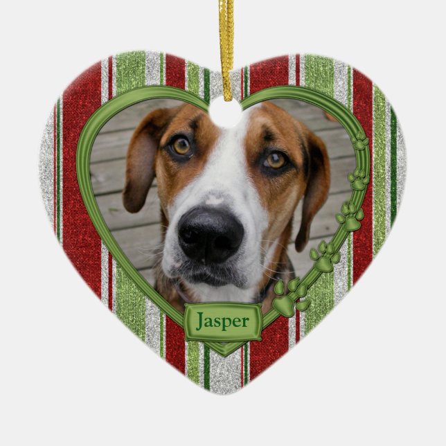 Pet Dog Memorial Stripes Photo Heart Christmas Ceramic Ornament (Front)