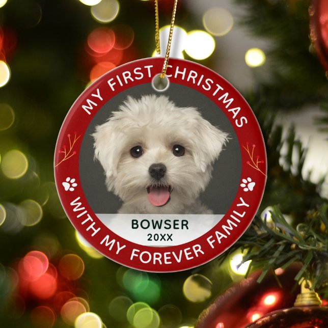 Pet Dog My First Christmas Custom Photo Red Ceramic Ornament (Creator Uploaded)
