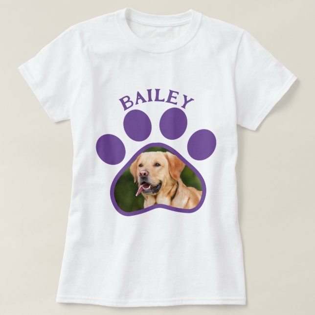 Pet Dog or Cat Photo Purple Paw Print T-Shirt (Design Front)