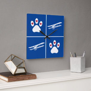Pet Dog Paw Print & Aeroplane, Cute Aviation Blue Square Wall Clock