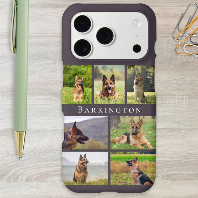 Pet Dog Photo Collage Personalised (A phone case with pet dog photo collage and personalized pet's name, on a charcoal brown background)