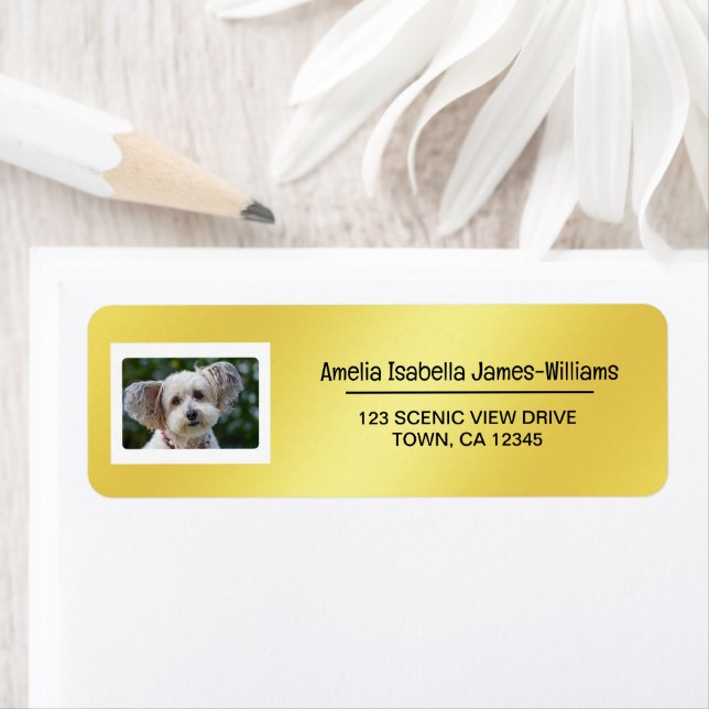 Pet Dog Photo Elegant Modern Return Address Golden Label (Insitu)