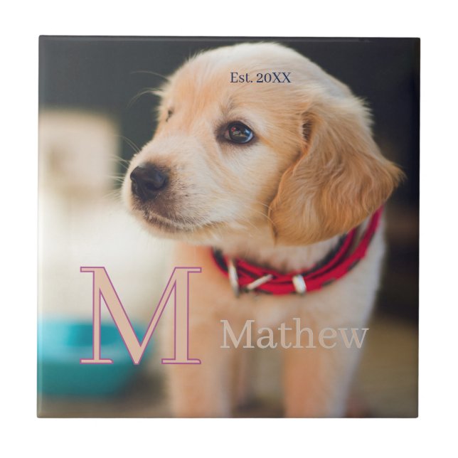 pet dog photo est year name monogram cat parent ceramic tile (Front)