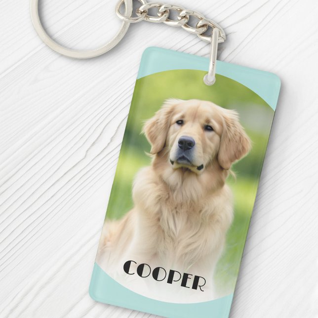 Pet dog photo light aqua blue curved borders name key ring (Creator Uploaded)