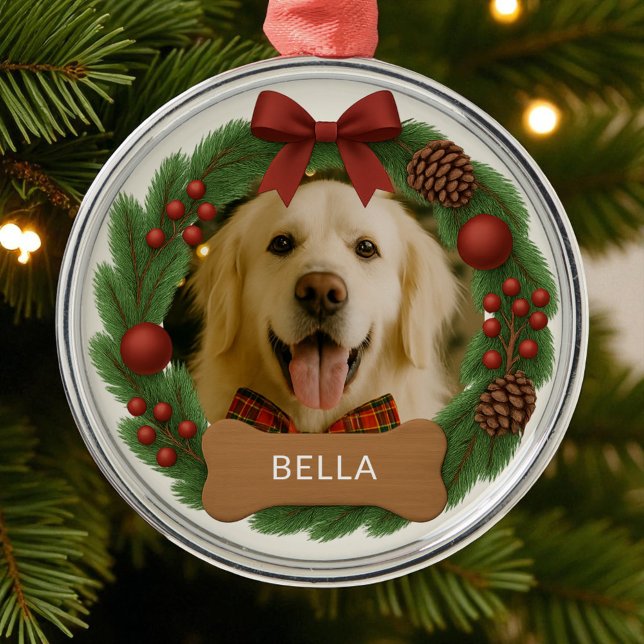 Pet Dog Photo Name Holiday Christmas Wreath Metal Ornament (Creator Uploaded)