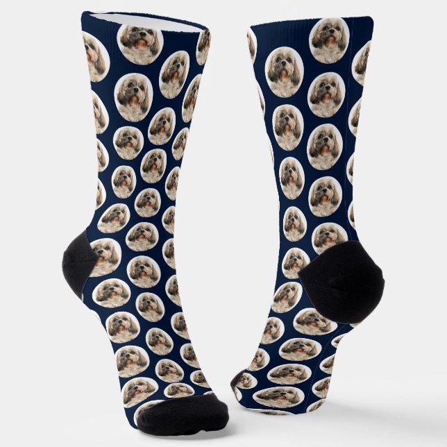 Pet Dog Photo Pattern Navy Blue Birthday Socks (Angled)