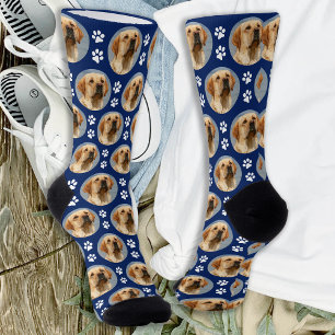 Pet Dog Photo Paw Prints Custom Pattern Navy Blue Socks