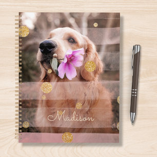 Pet Dog Photo Pink Ribbon Chic Gold Glitter Name Planner