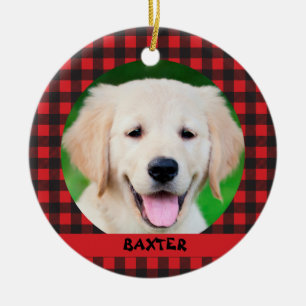 Pet Dog Photo Red Buffalo Plaid Name Ceramic Ornament