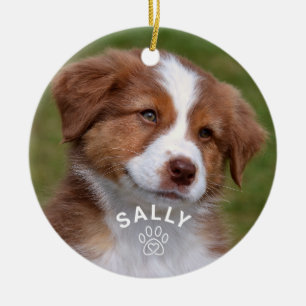 Pet Dog Polka Dots Paw Print Custom Name Photo Ceramic Ornament