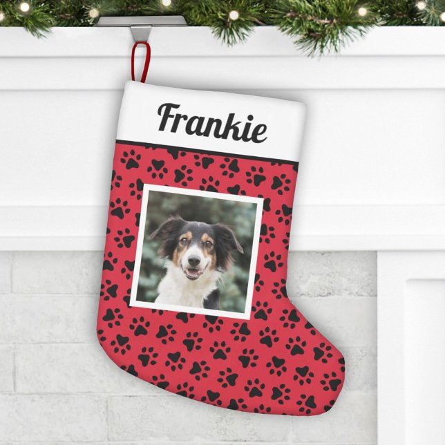 Pet Dog Red and Black Paw Prints Custom Photo Small Christmas Stocking (Creator Uploaded)