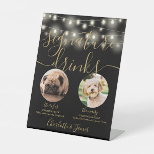 Pet Dog Signature Drinks String Lights Black Gold Pedestal Sign