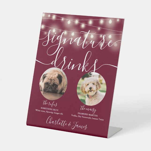 Pet Dog Signature Drinks String Lights Burgundy Pedestal Sign (Front)