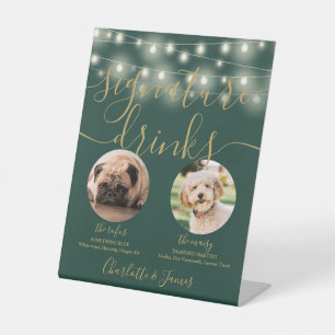 Pet Dog Signature Drinks String Lights Green Gold Pedestal Sign