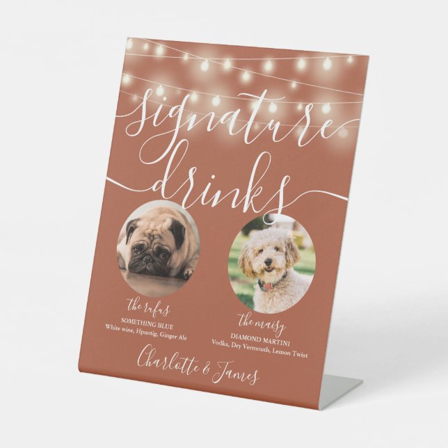 Pet Dog Signature Drinks String Lights Terracotta Pedestal Sign (Front)