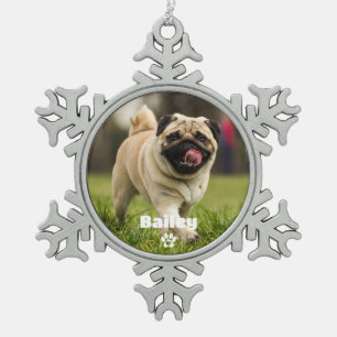 Pet Dog Simple Paw Print Custom Name Photo Snowflake Pewter Christmas Ornament