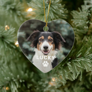 Pet Dog Simple Paw Print Holiday Photo Monogram Ceramic Ornament