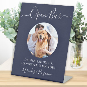 Pet Dog Wedding Open Bar Navy Blue Custom Photo  Pedestal Sign