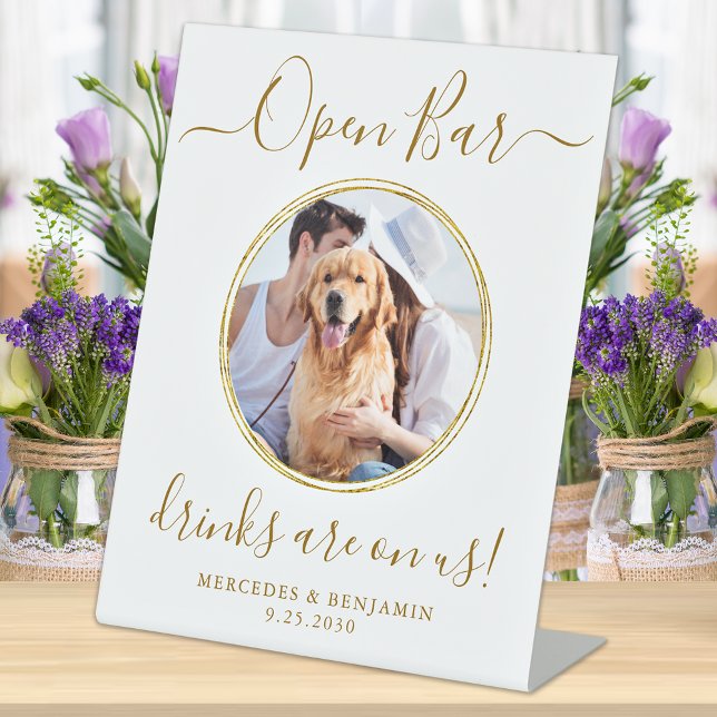 Pet Dog Wedding Open Bar Personalised Gold Drinks Pedestal Sign (Creator Uploaded)